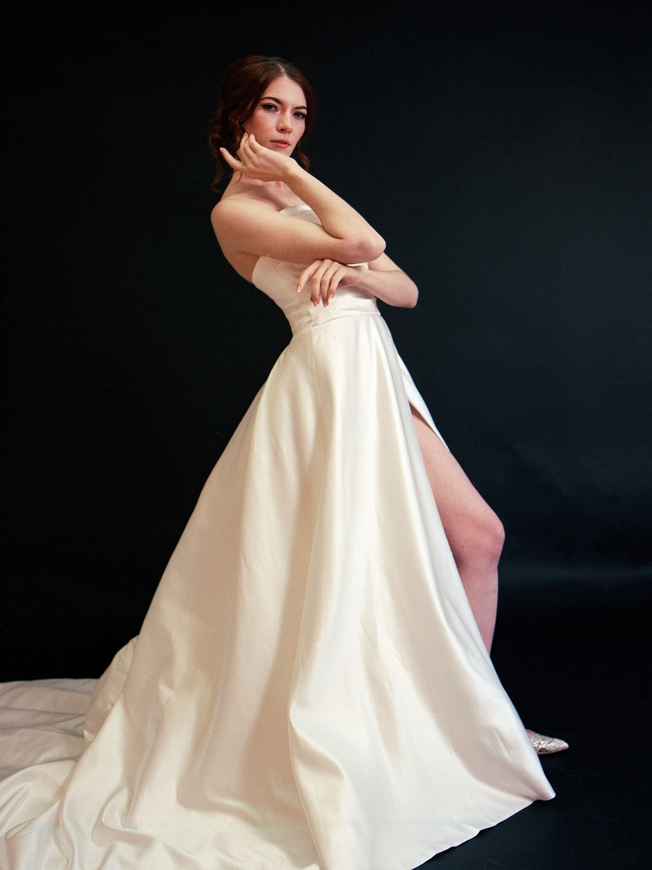 Style D2413 - Lux Satin Strapless Pleated Bodice Thigh Slit Elegant A-line gown