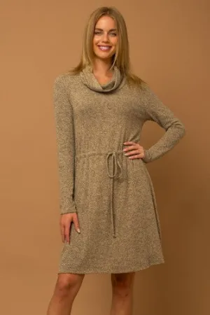 Taupe Long Sleeve Cowl Neck Hacci Drawstring Dress