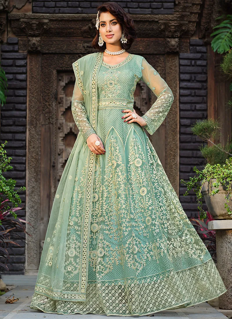 Teal Blue Embroidery Wedding Anarkali Suit