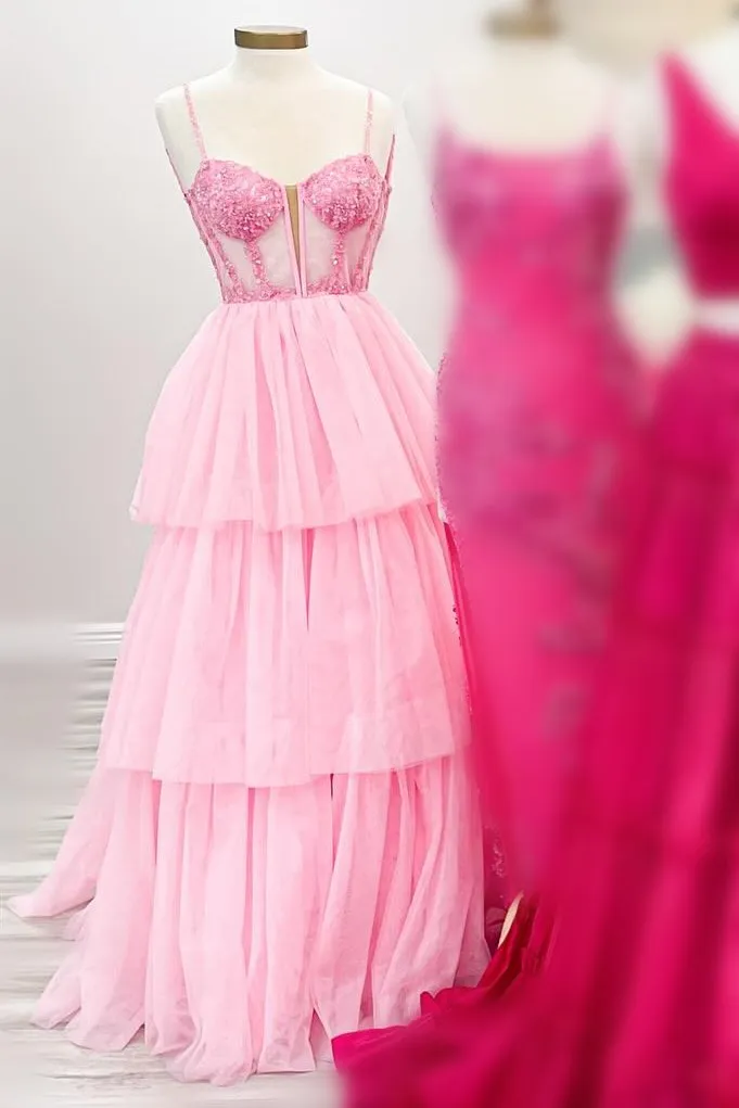 Tiered Ruffle Sequin-Embroidery Corset Long Prom Gown