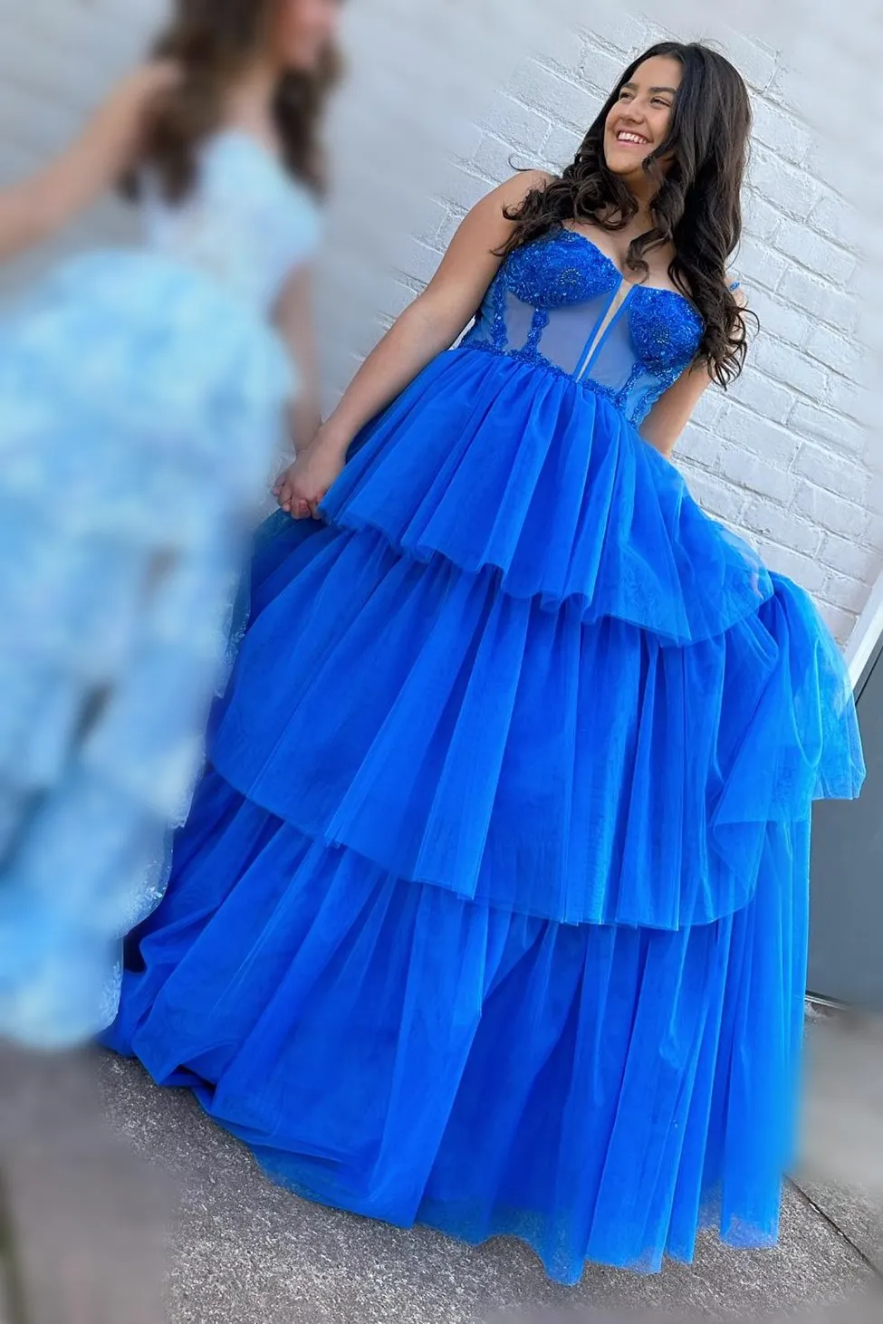 Tiered Ruffle Sequin-Embroidery Corset Long Prom Gown