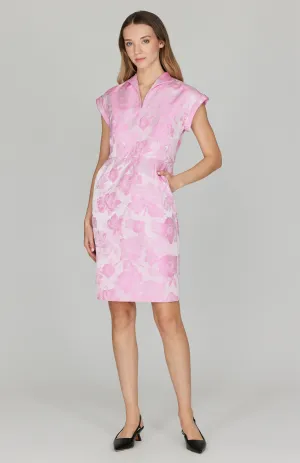 Tonal Bloom Jacquard High Neck Fitted Dress w/ Cap Sleeve