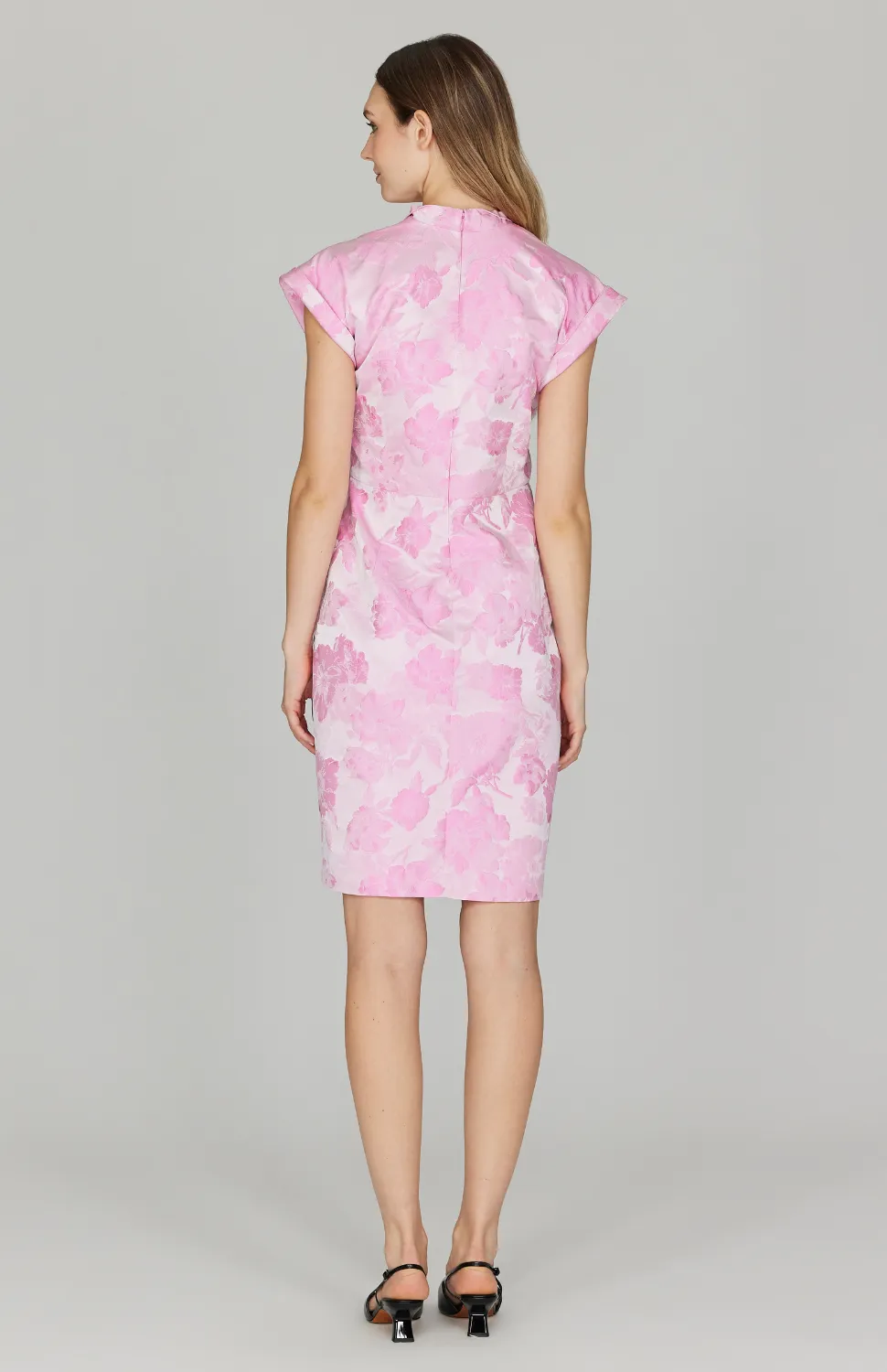 Tonal Bloom Jacquard High Neck Fitted Dress w/ Cap Sleeve