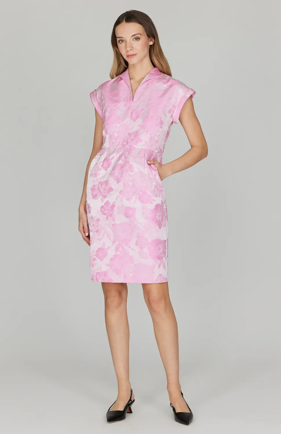 Tonal Bloom Jacquard High Neck Fitted Dress w/ Cap Sleeve
