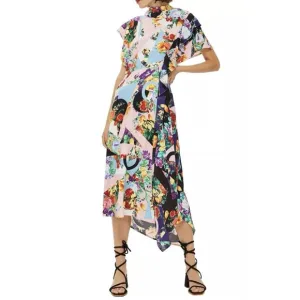 Topshop Dress Size 4 Multicolor Floral Print Cowl Back Midi Short Sleeve NEW