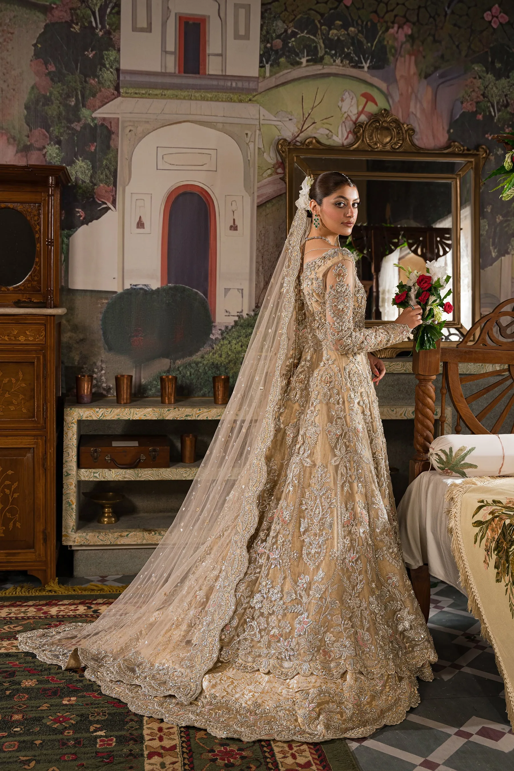 Traditional Ivory Pakistani Bridal Dress Heavily Embellished Pishwas Gown