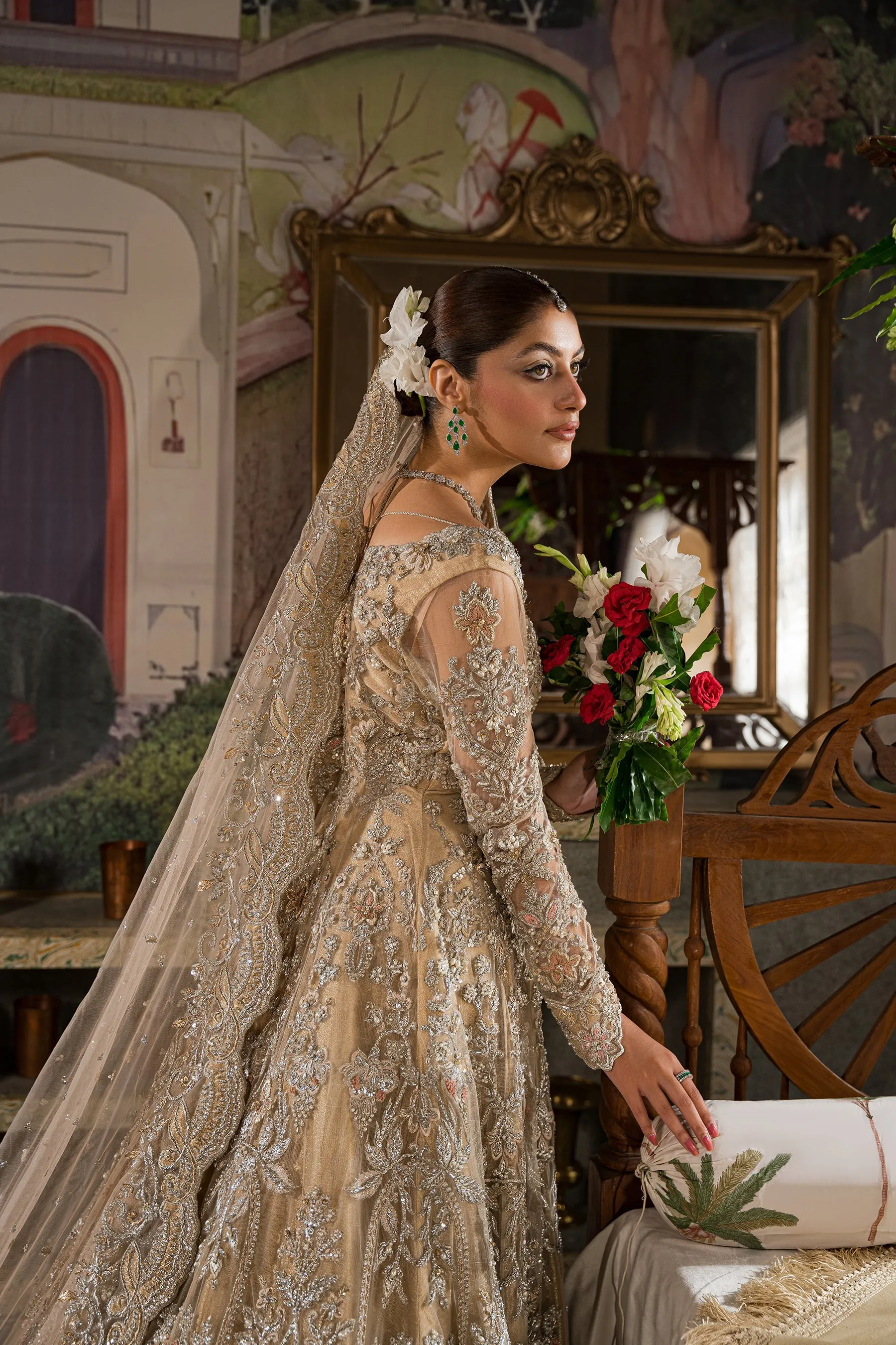 Traditional Ivory Pakistani Bridal Dress Heavily Embellished Pishwas Gown