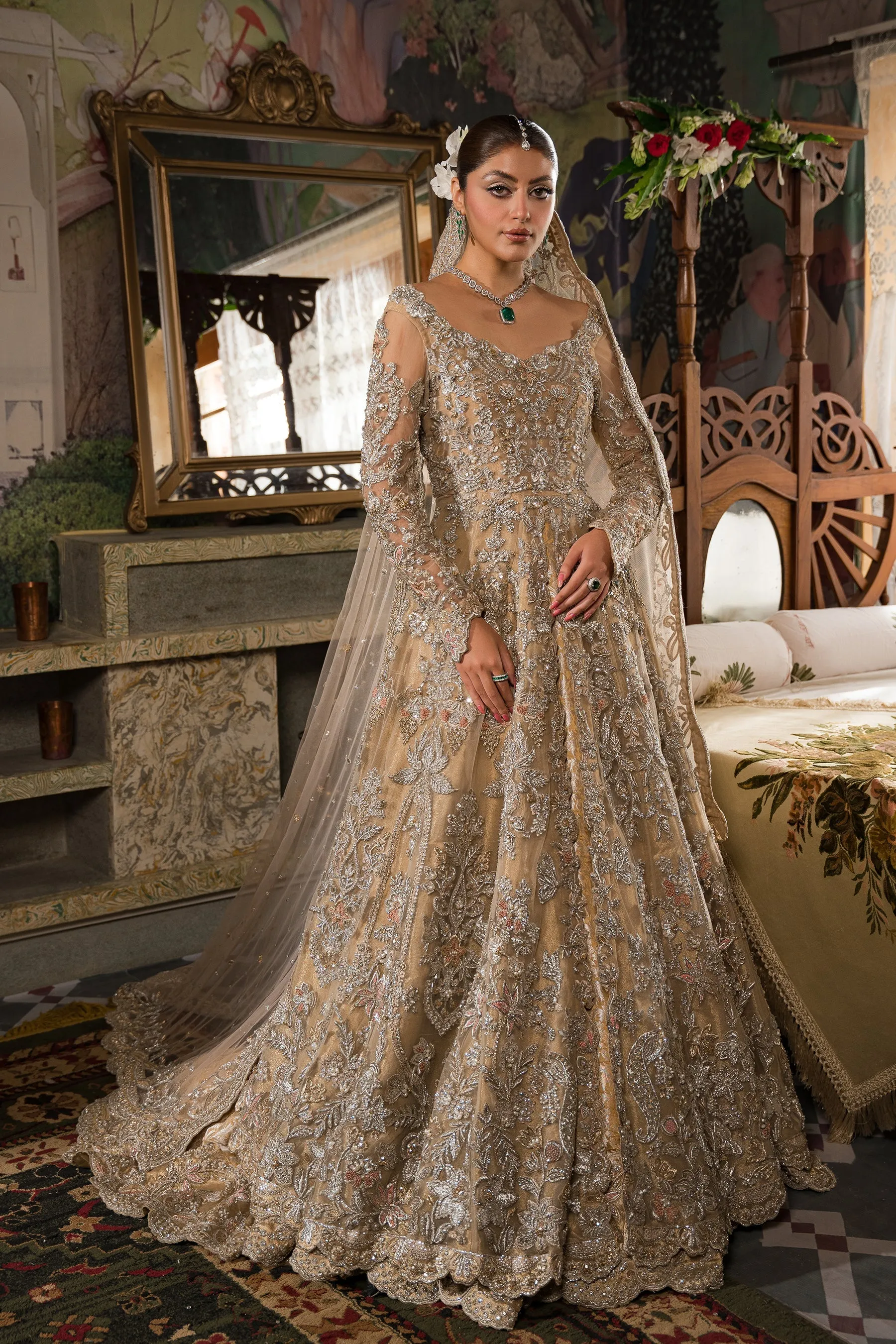 Traditional Ivory Pakistani Bridal Dress Heavily Embellished Pishwas Gown