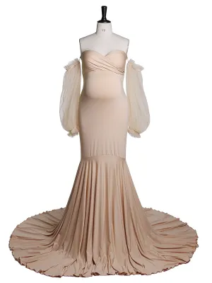 Tulle Full Sleeves Stretchy Fabric Mermaid Maternity Dress for Photo Shoot Maternity Gown Bridesmaid Dress Gown YeWen YW21009