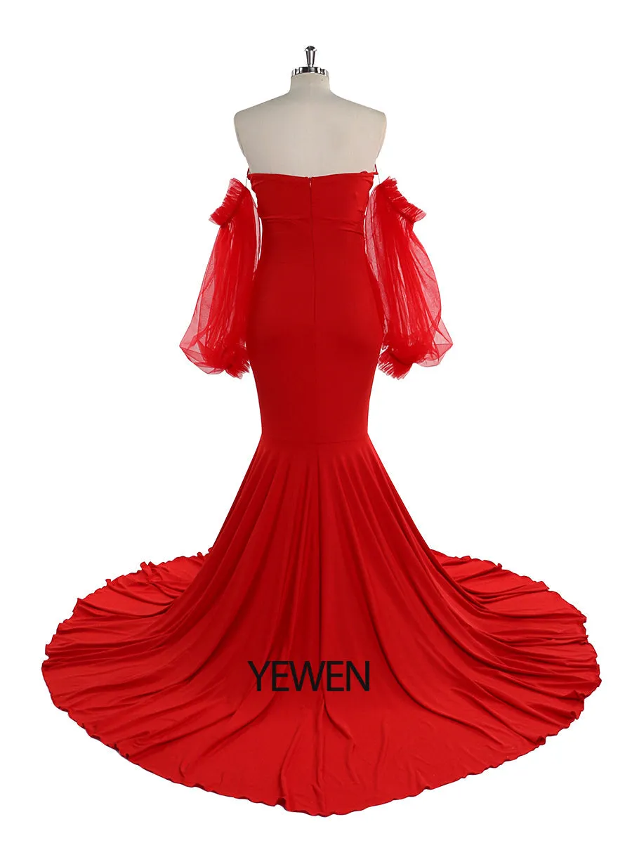 Tulle Full Sleeves Stretchy Fabric Mermaid Maternity Dress for Photo Shoot Maternity Gown Bridesmaid Dress Gown YeWen YW21009