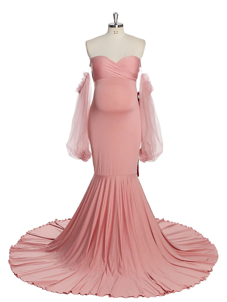 Tulle Full Sleeves Stretchy Fabric Mermaid Maternity Dress for Photo Shoot Maternity Gown Bridesmaid Dress Gown YeWen YW21009