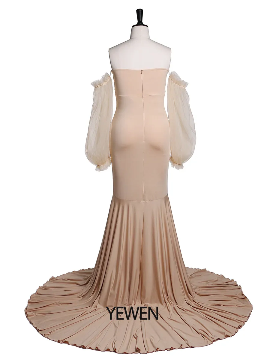 Tulle Full Sleeves Stretchy Fabric Mermaid Maternity Dress for Photo Shoot Maternity Gown Bridesmaid Dress Gown YeWen YW21009