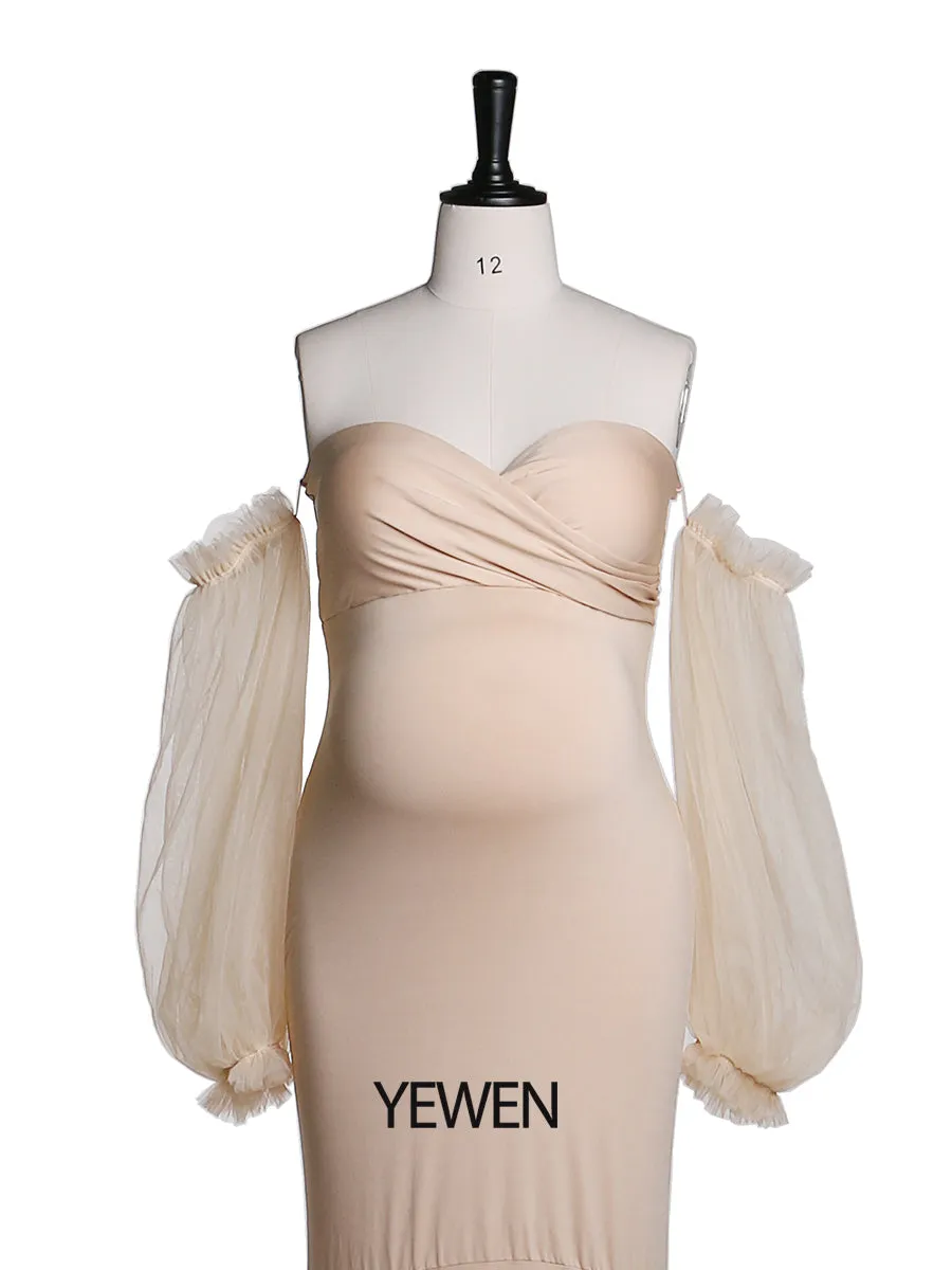 Tulle Full Sleeves Stretchy Fabric Mermaid Maternity Dress for Photo Shoot Maternity Gown Bridesmaid Dress Gown YeWen YW21009