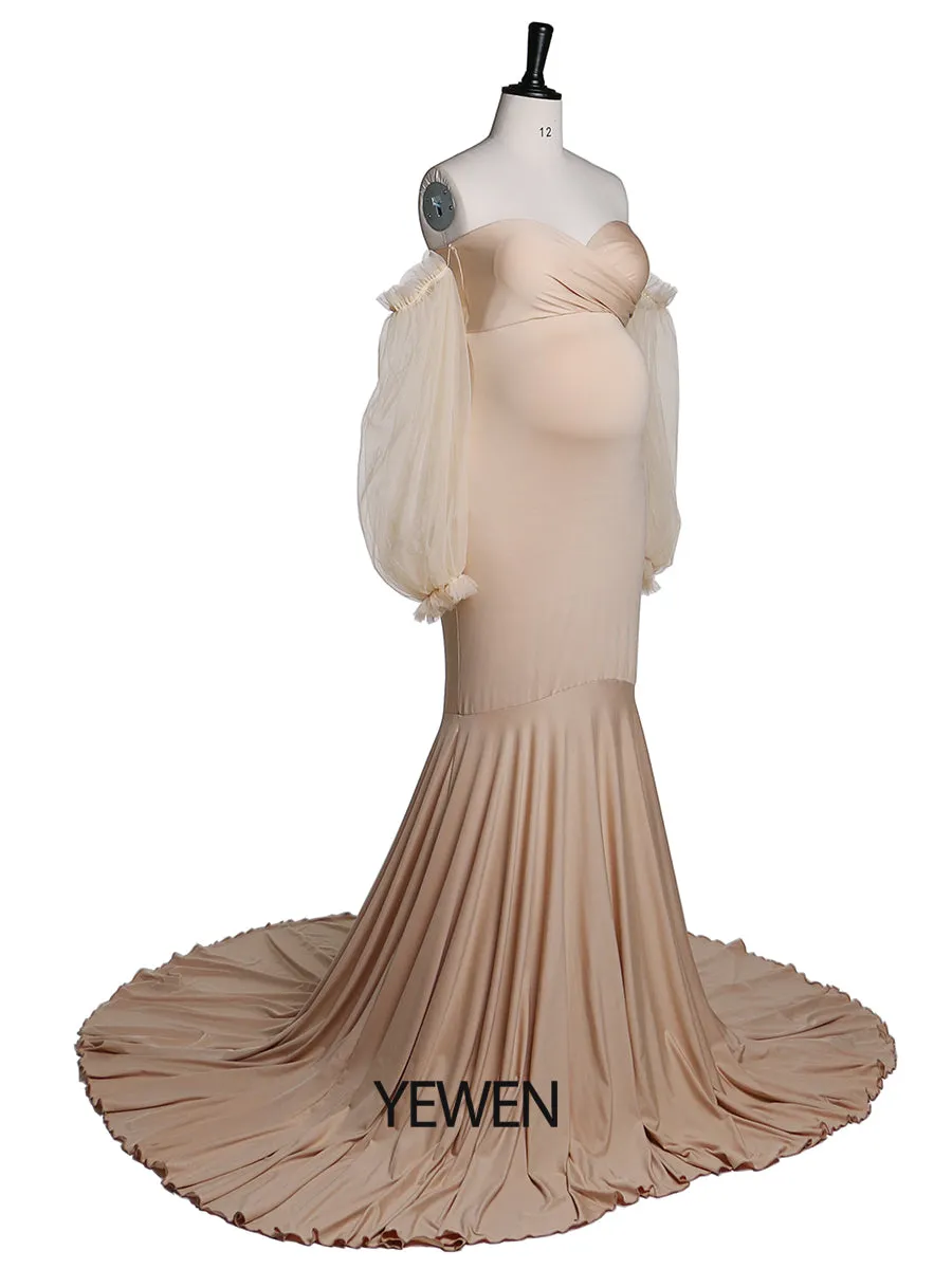 Tulle Full Sleeves Stretchy Fabric Mermaid Maternity Dress for Photo Shoot Maternity Gown Bridesmaid Dress Gown YeWen YW21009