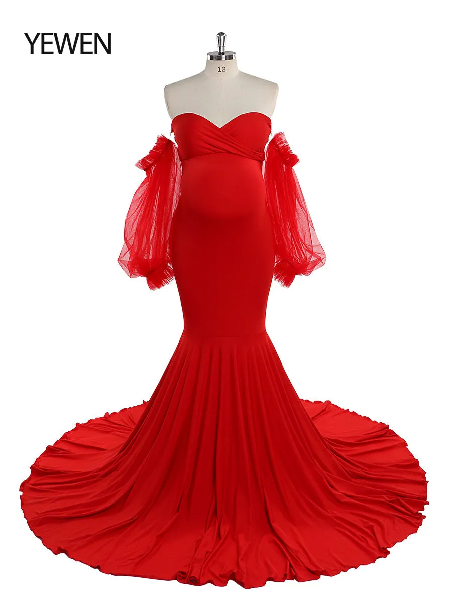 Tulle Full Sleeves Stretchy Fabric Mermaid Maternity Dress for Photo Shoot Maternity Gown Bridesmaid Dress Gown YeWen YW21009