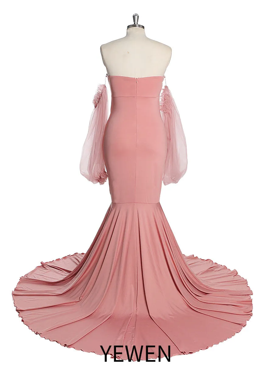 Tulle Full Sleeves Stretchy Fabric Mermaid Maternity Dress for Photo Shoot Maternity Gown Bridesmaid Dress Gown YeWen YW21009