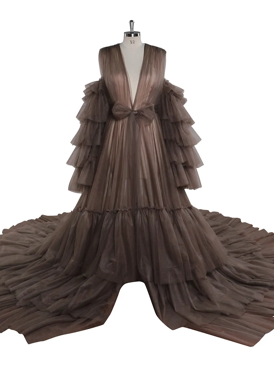 Tulle Robe Maternity Dress for Photo Shoots Ruffled Front Open Evening Gown Photography Gown YEWEN YW220934-1