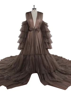Tulle Robe Maternity Dress for Photo Shoots Ruffled Front Open Evening Gown Photography Gown YEWEN YW220934-1