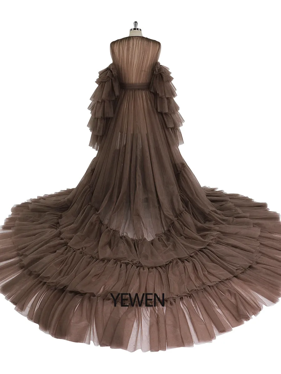 Tulle Robe Maternity Dress for Photo Shoots Ruffled Front Open Evening Gown Photography Gown YEWEN YW220934-1