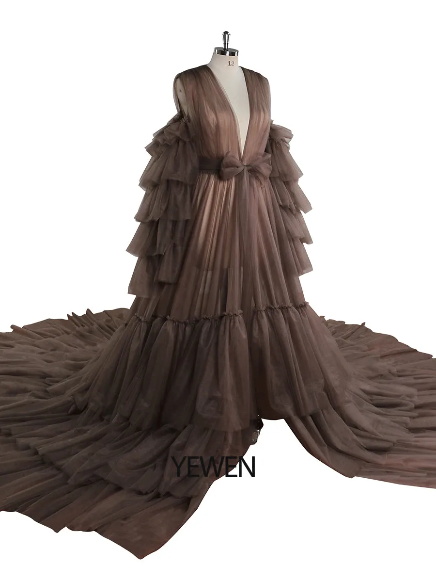 Tulle Robe Maternity Dress for Photo Shoots Ruffled Front Open Evening Gown Photography Gown YEWEN YW220934-1