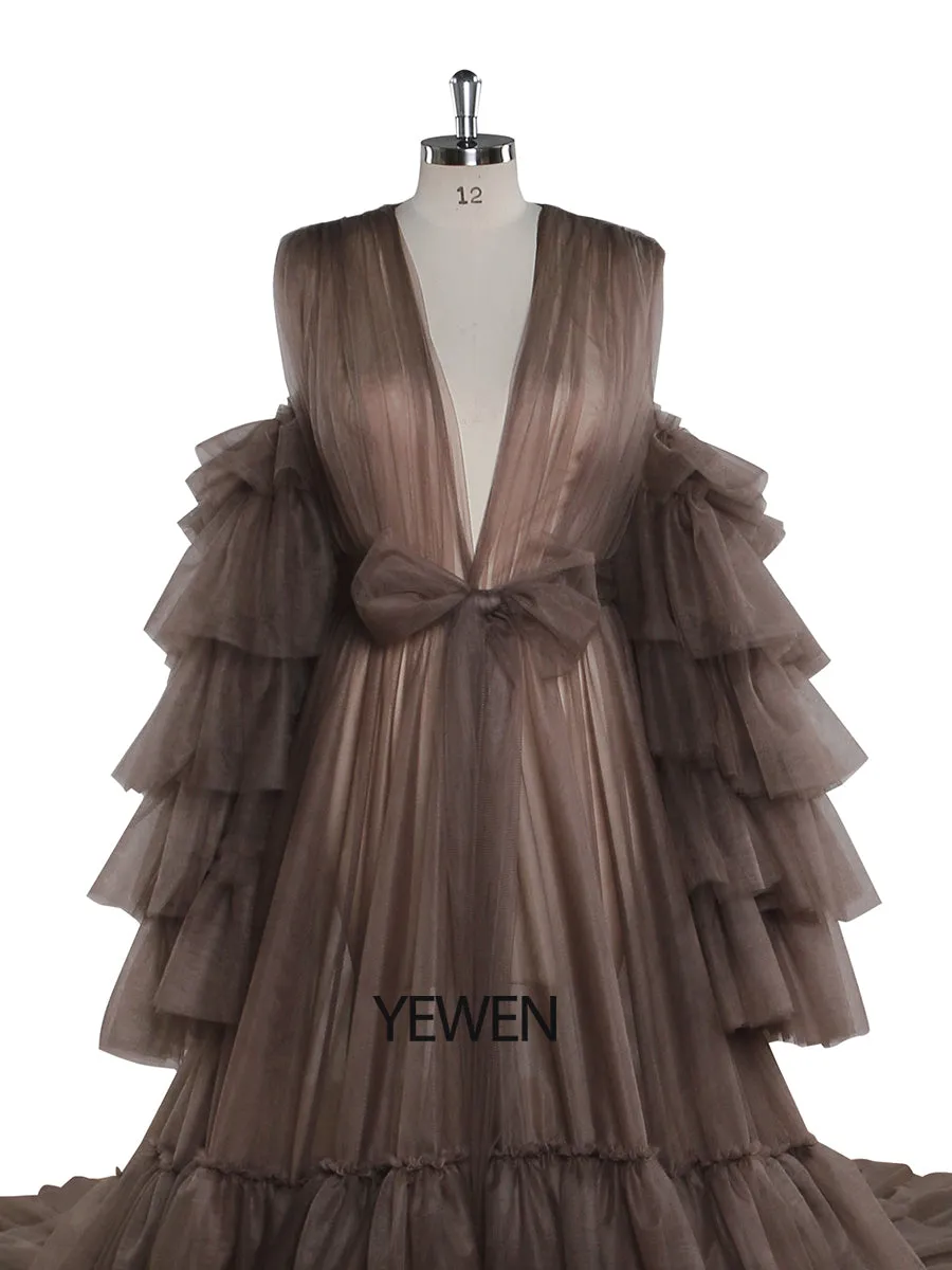 Tulle Robe Maternity Dress for Photo Shoots Ruffled Front Open Evening Gown Photography Gown YEWEN YW220934-1