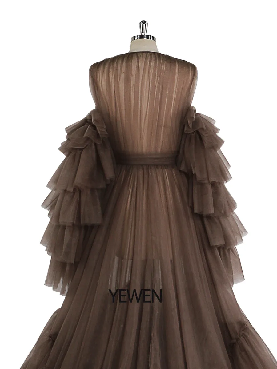 Tulle Robe Maternity Dress for Photo Shoots Ruffled Front Open Evening Gown Photography Gown YEWEN YW220934-1