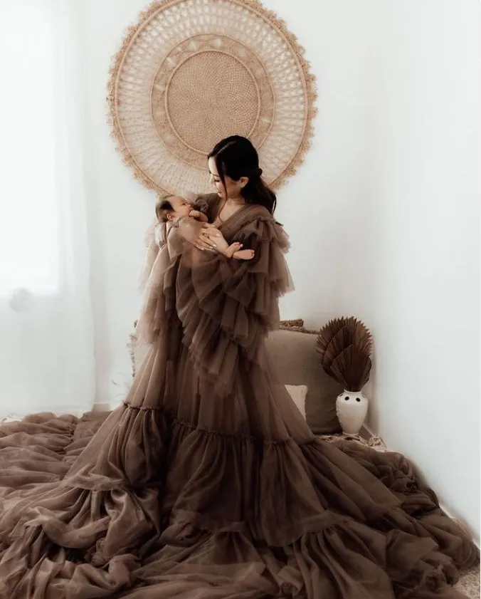 Tulle Robe Maternity Dress for Photo Shoots Ruffled Front Open Evening Gown Photography Gown YEWEN YW220934-1