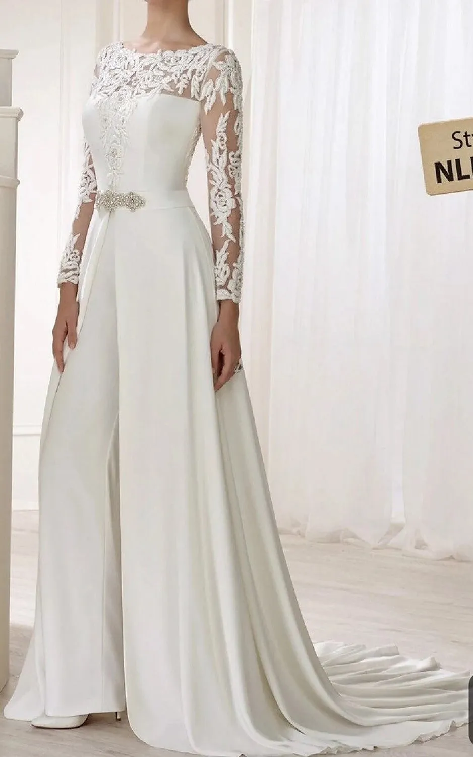 Two Piece Bateau Neckline Satin Wedding Dress Jumpsuit Elegant Romantic Garden With Illusion Long Sleeves And Appliques-716752