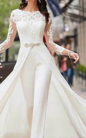 Two Piece Bateau Neckline Satin Wedding Dress Jumpsuit Elegant Romantic Garden With Illusion Long Sleeves And Appliques-716752