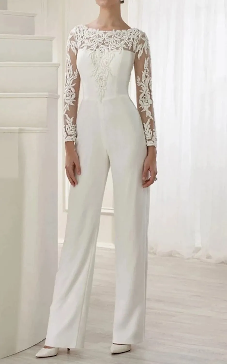 Two Piece Bateau Neckline Satin Wedding Dress Jumpsuit Elegant Romantic Garden With Illusion Long Sleeves And Appliques-716752