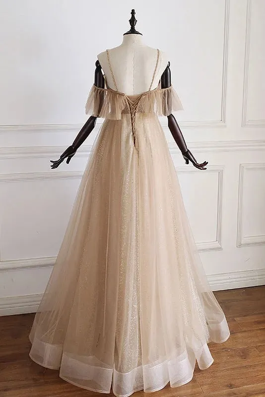 Unique Tulle A Line Long Prom Dress Spaghetti Straps Short Sleeve Formal Evening Dress CAP5123