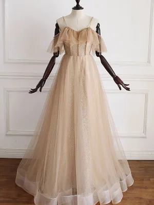 Unique Tulle A Line Long Prom Dress Spaghetti Straps Short Sleeve Formal Evening Dress CAP5123