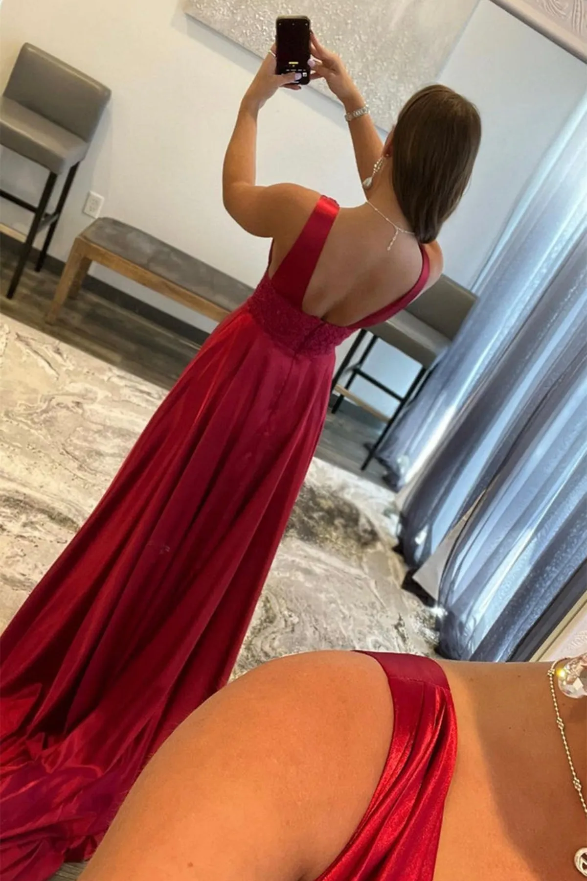 V Neck Burgundy Lace Long Prom Dress with High Slit, Burgundy Lace Formal Dress, Burgundy Evening Dress A1605