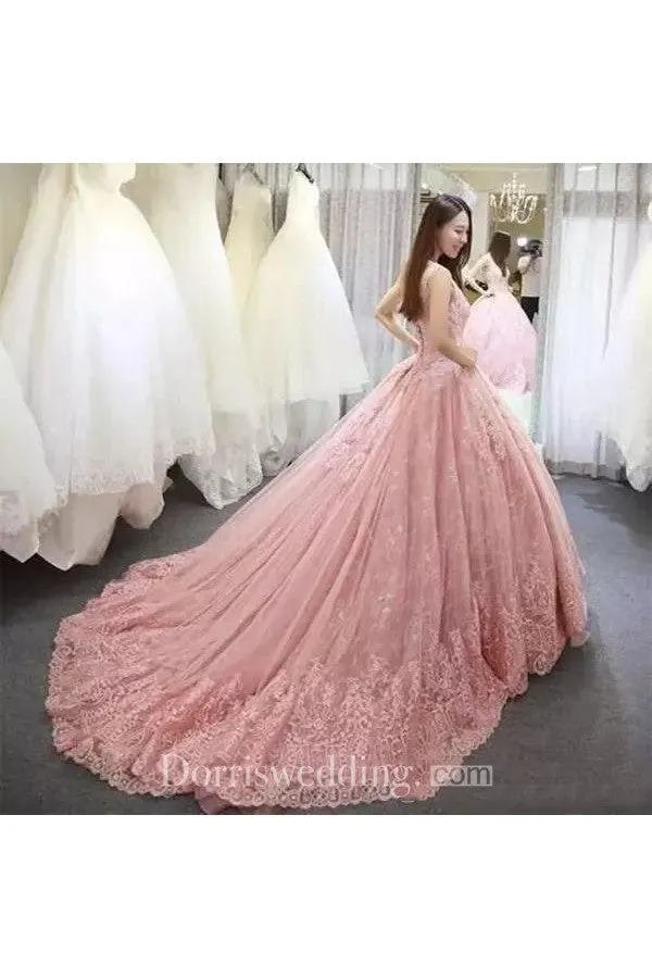 V-neck Illusion 3 4 Length Sleeve Sweep Train Lace Tulle Ball Gown Wedding Dress