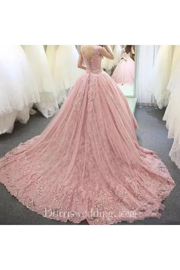 V-neck Illusion 3 4 Length Sleeve Sweep Train Lace Tulle Ball Gown Wedding Dress
