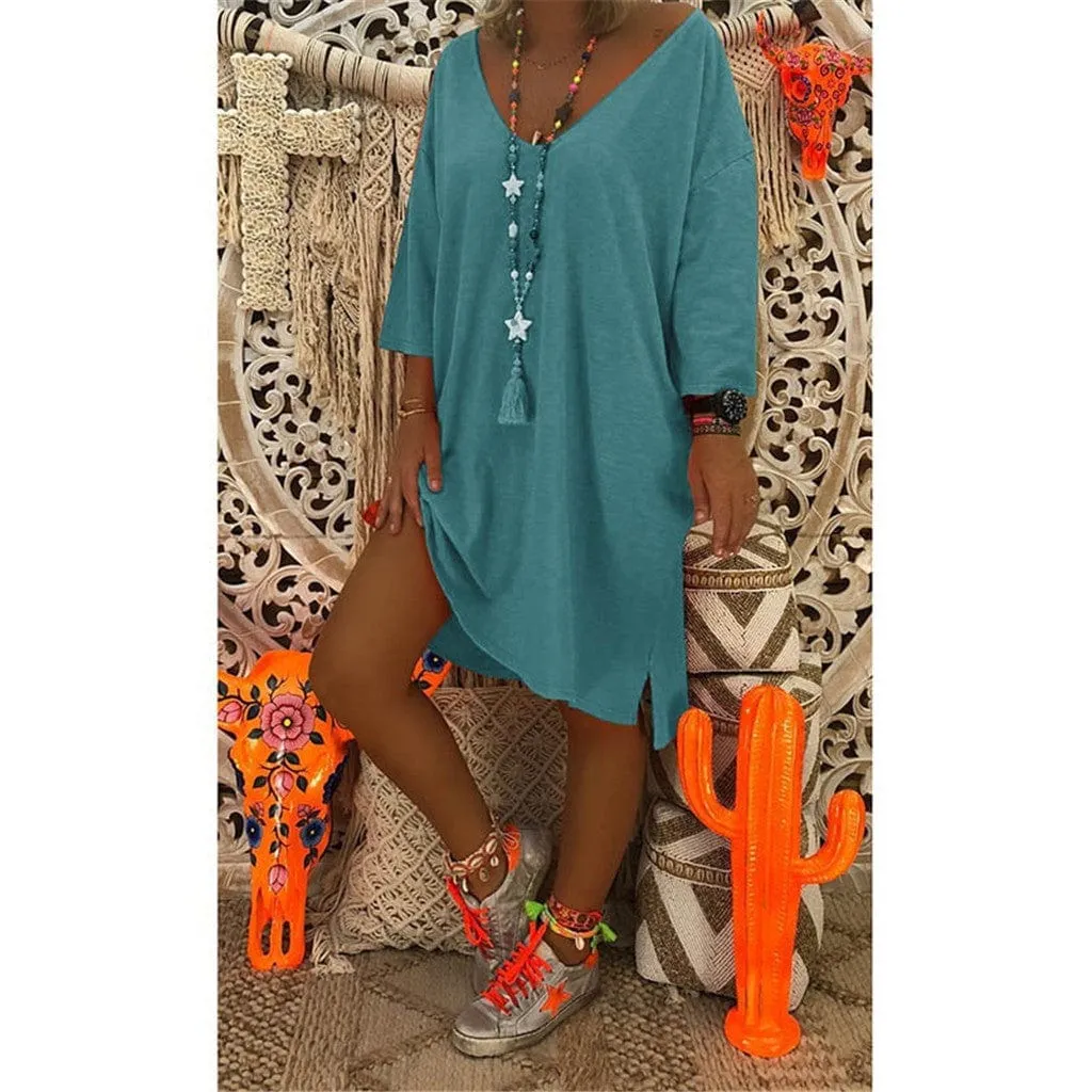V-neck Long Sleeve Loose Solid Color Dress