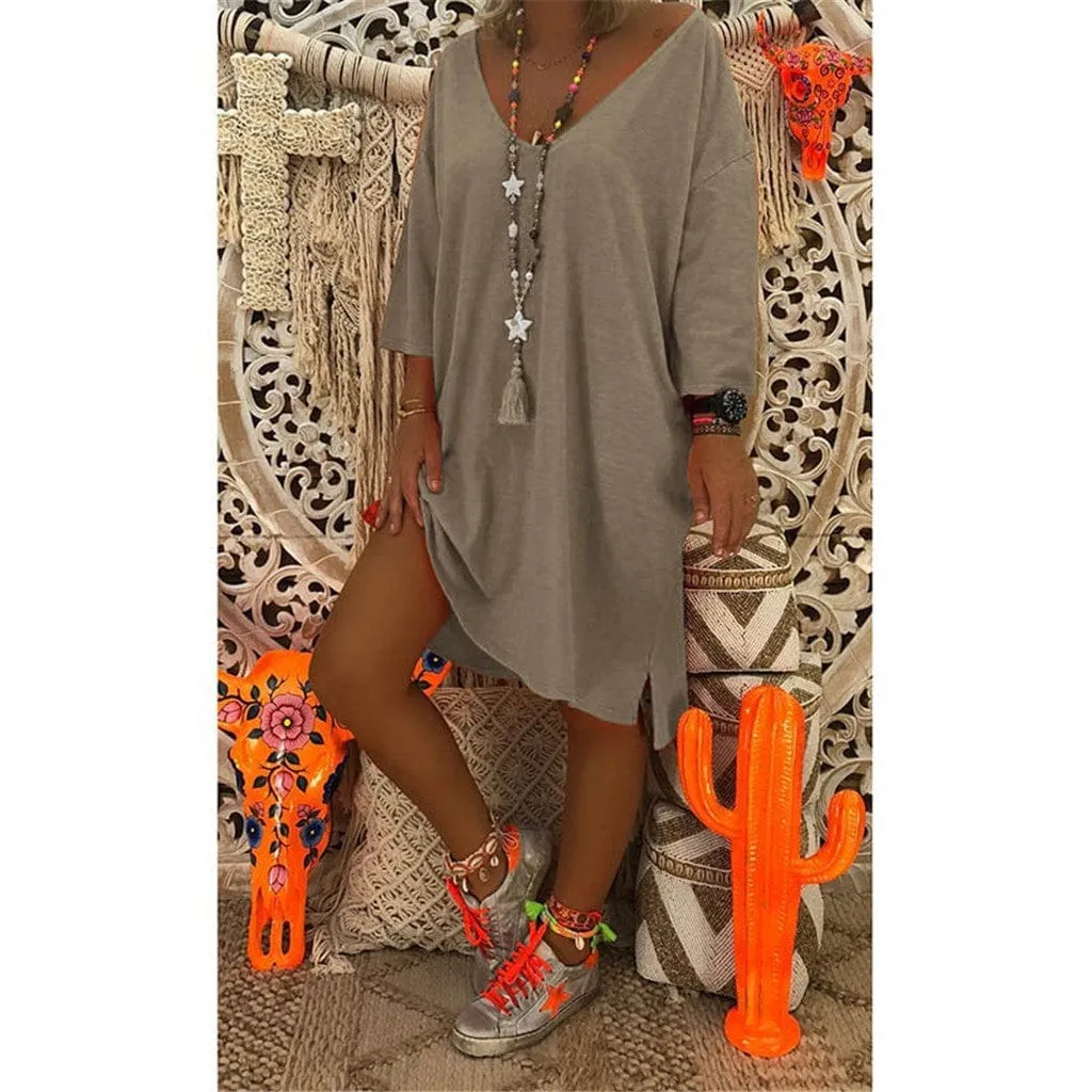V-neck Long Sleeve Loose Solid Color Dress