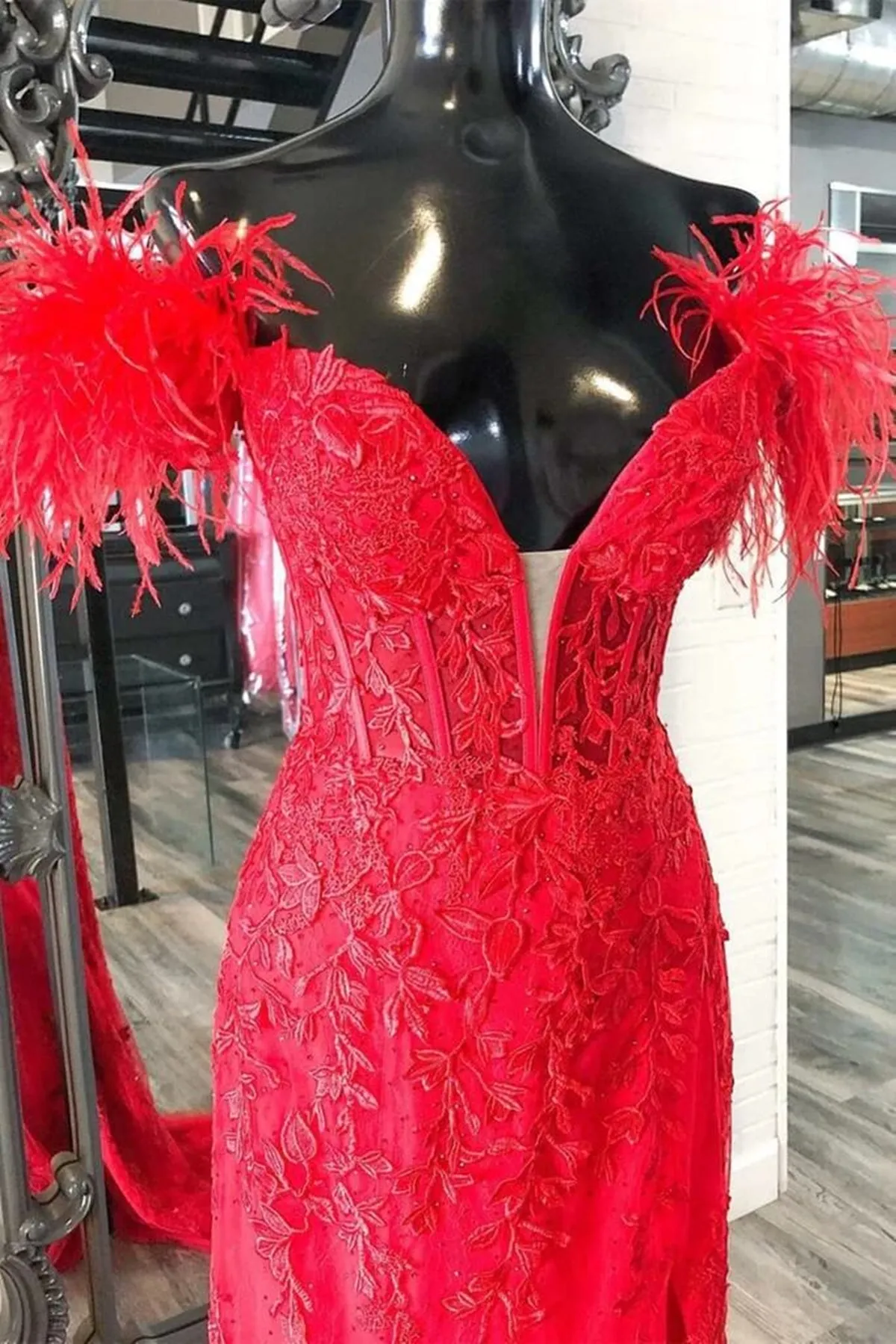 V Neck Mermaid Off Shoulder Red Lace Long Prom Dress, Mermaid Red Formal Dress, Red Lace Evening Dress A1789