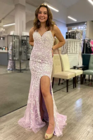V Neck Mermaid Purple Lace Long Prom Dress with High Slit, Open Back Purple Lace Formal Graduation Evening Dress A1525
