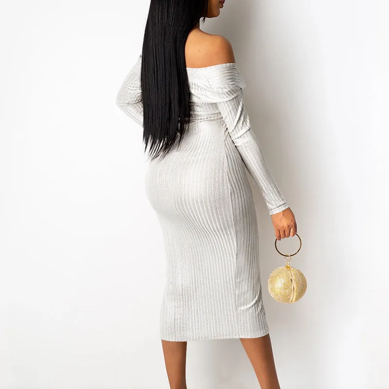 V-Neck Ribbed Cold Shoulder Long Sleeve High Split Dress