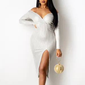 V-Neck Ribbed Cold Shoulder Long Sleeve High Split Dress