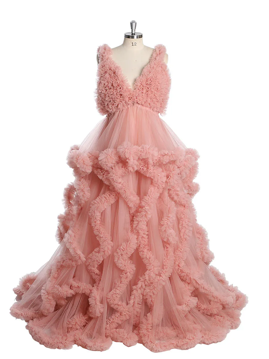 V-neck Tull Full Ruffles Backless Cloud Dress Maternity Dress for Photoshoot YW243132