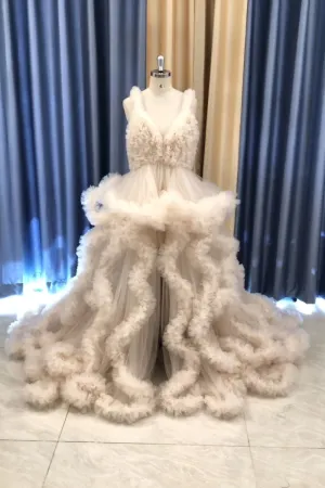 V-neck Tull Full Ruffles Backless Cloud Dress Maternity Dress for Photoshoot YW243132