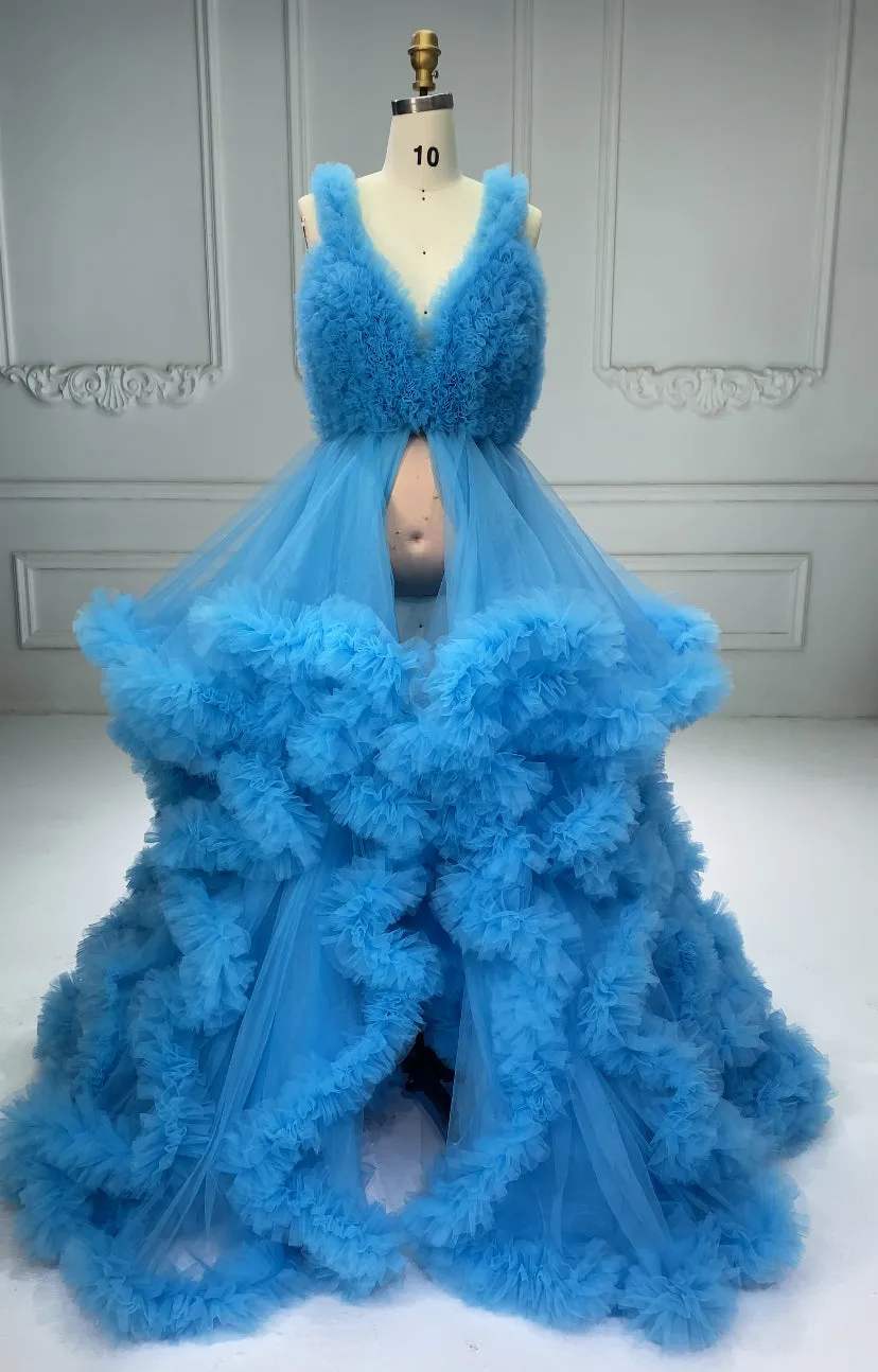 V-neck Tull Full Ruffles Backless Cloud Dress Maternity Dress for Photoshoot YW243132