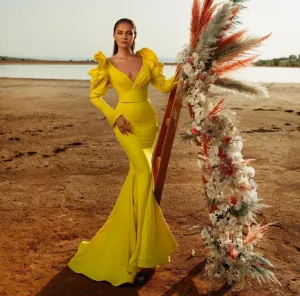 vestido de noche simple evening dresses long sleeve v neck yellow mermaid evening gown party dress robe de soiree