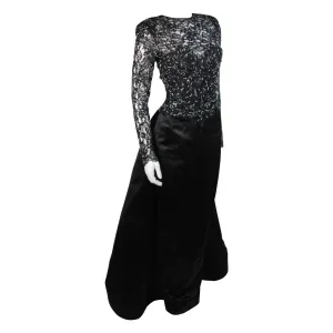 VICKY TIEL Black Embellished Lace Gown With Silk Skirt Size Small
