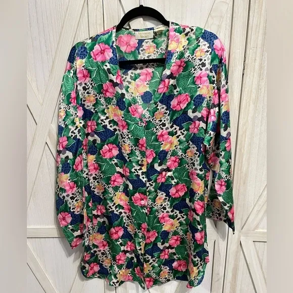 Victoria’s Secret Vintage Gold Label Floral Print Silk Sleep Dress Night Shirt M