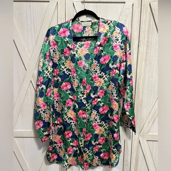 Victoria’s Secret Vintage Gold Label Floral Print Silk Sleep Dress Night Shirt M