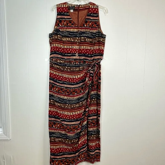 Vintage 80’s Spencer Jeremy 100% Silk Tribal Print Faux Wrap Dress Size 14