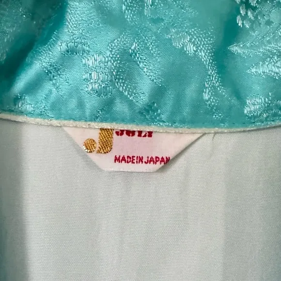 Vintage Kimono Turquoise Silver Silk Jacquard Short Robe Joli Made In Japan S/M